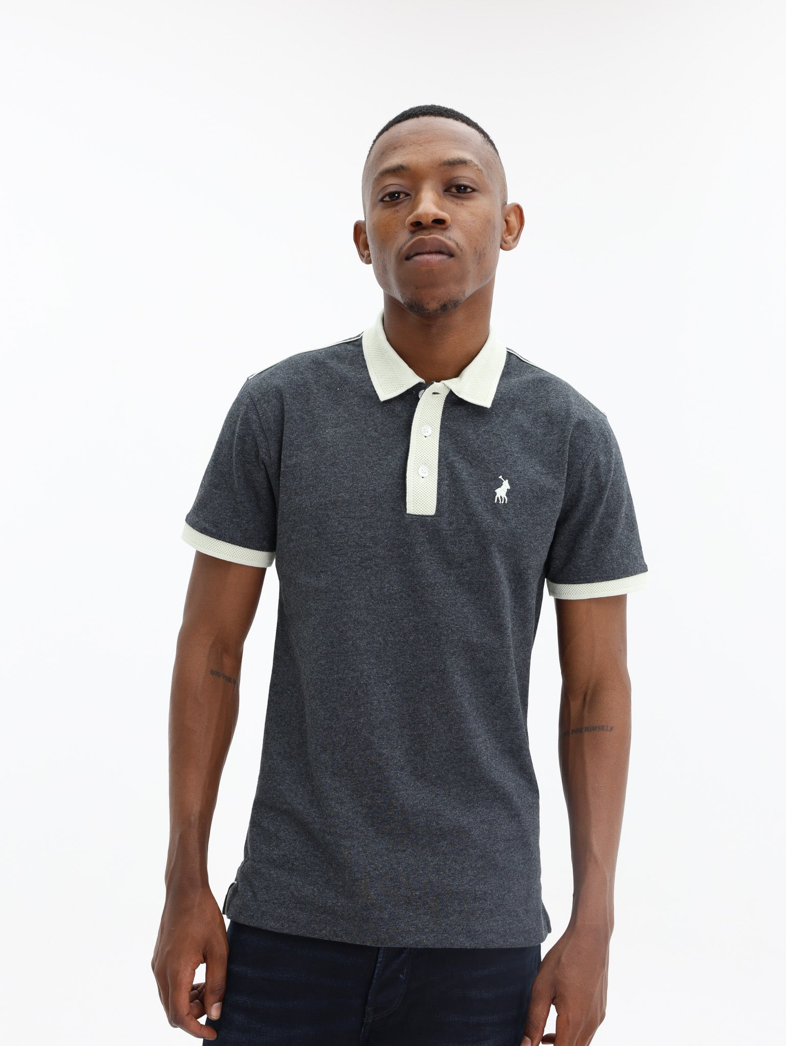Polo Golfer Contrast Collar Piping Charcoal Melange